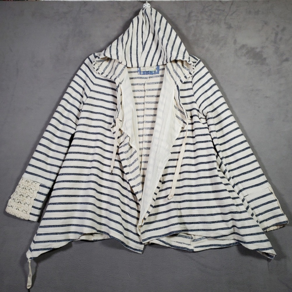 Saturday Sunday Cardigan Women M Blue White Striped Lace Hooded Boho Coastal